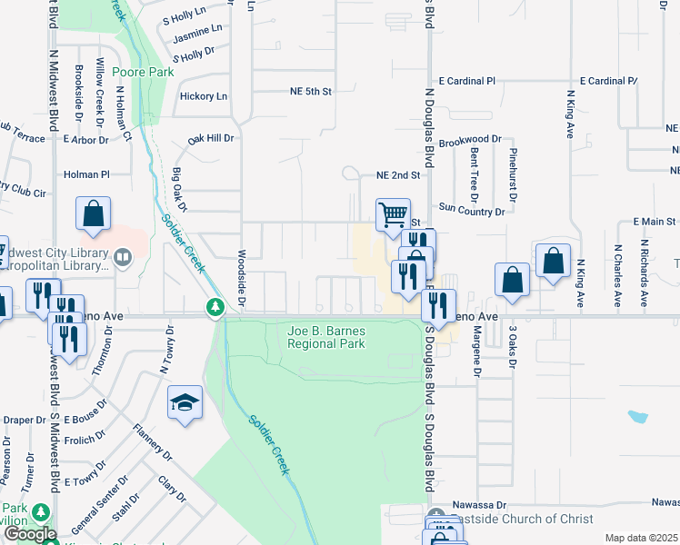 map of restaurants, bars, coffee shops, grocery stores, and more near 8751 Saint George Way in Midwest City