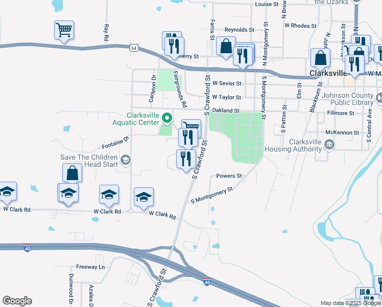 map of restaurants, bars, coffee shops, grocery stores, and more near 400 South Crawford Street in Clarksville