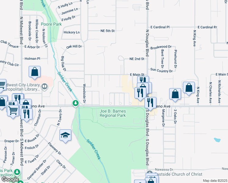 map of restaurants, bars, coffee shops, grocery stores, and more near 8733 Saint George Way in Midwest City