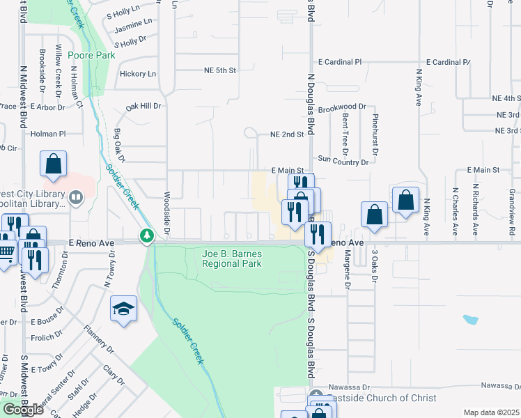 map of restaurants, bars, coffee shops, grocery stores, and more near 8795 Saint George Way in Midwest City