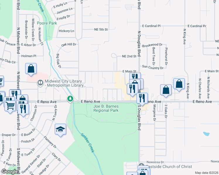 map of restaurants, bars, coffee shops, grocery stores, and more near 8735 Saint George Way in Midwest City