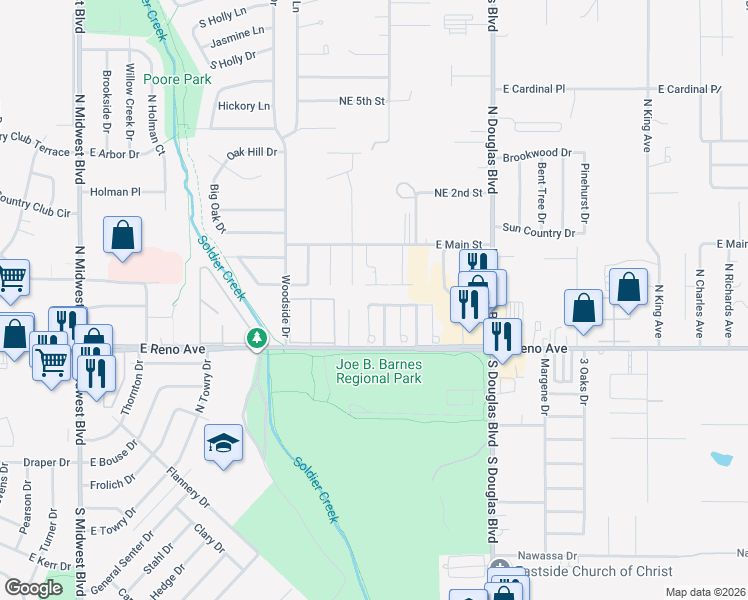 map of restaurants, bars, coffee shops, grocery stores, and more near 8735 Saint George Way in Midwest City