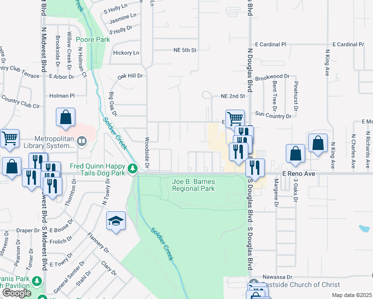 map of restaurants, bars, coffee shops, grocery stores, and more near 8701 Saint George Way in Midwest City
