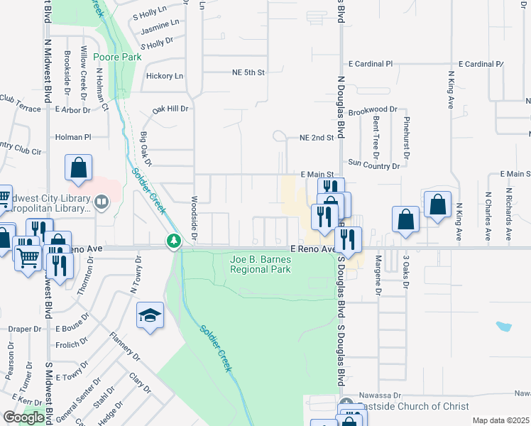 map of restaurants, bars, coffee shops, grocery stores, and more near 8735 Saint George Way in Midwest City