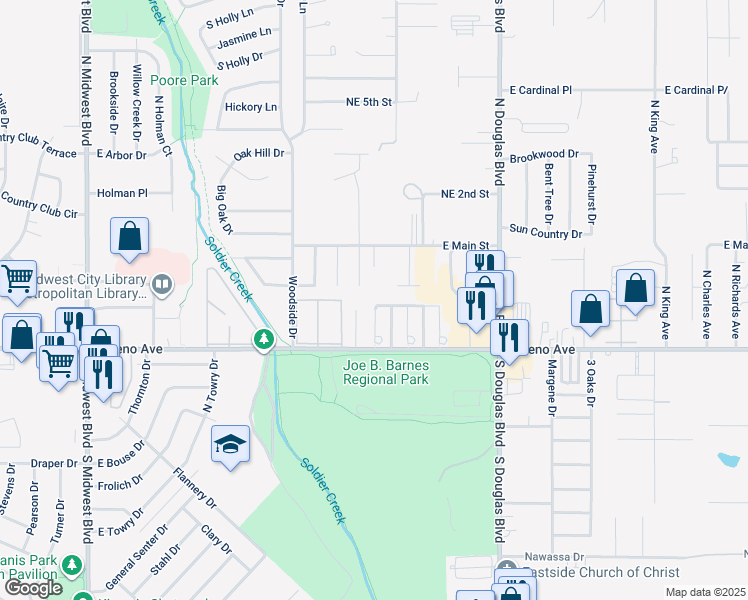 map of restaurants, bars, coffee shops, grocery stores, and more near 8703 Saint George Way in Midwest City