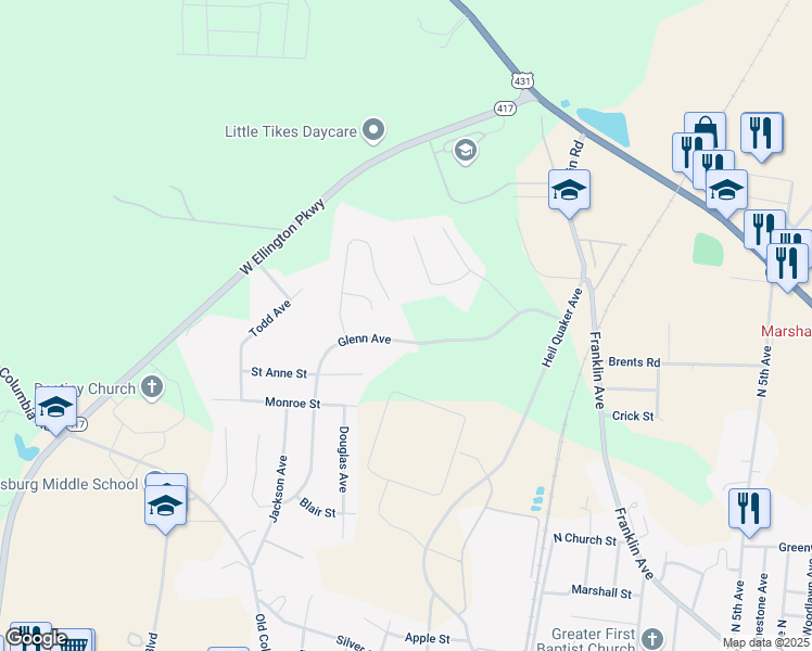 map of restaurants, bars, coffee shops, grocery stores, and more near 1290 Glenn Avenue in Lewisburg