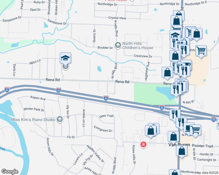 map of restaurants, bars, coffee shops, grocery stores, and more near 407 North Hills Boulevard in Van Buren