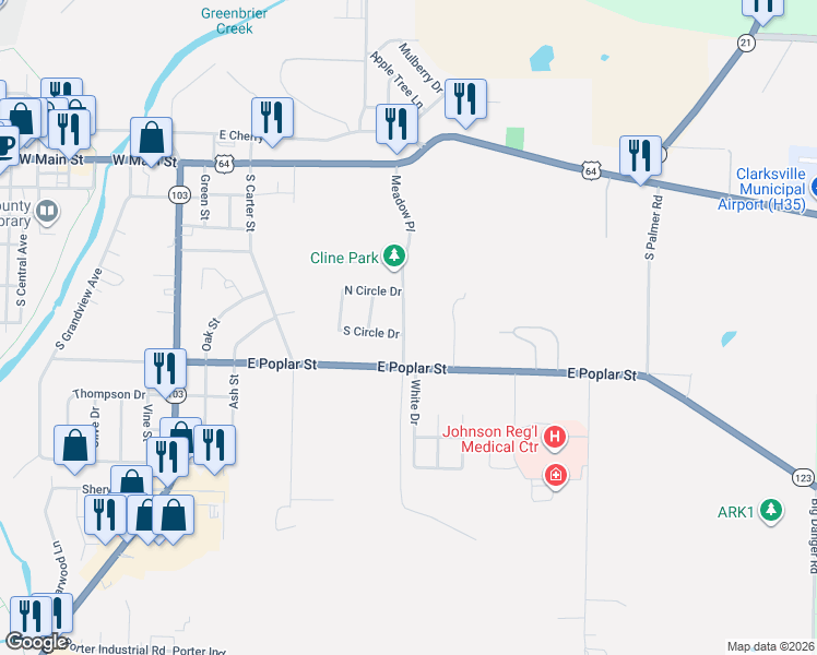 map of restaurants, bars, coffee shops, grocery stores, and more near 200 Meadow Place in Clarksville