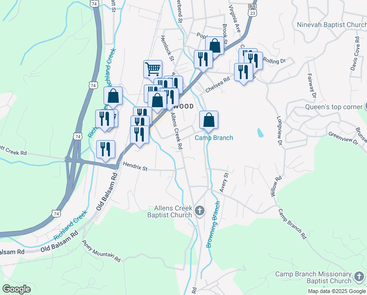 map of restaurants, bars, coffee shops, grocery stores, and more near 215 Allens Creek Road in Waynesville