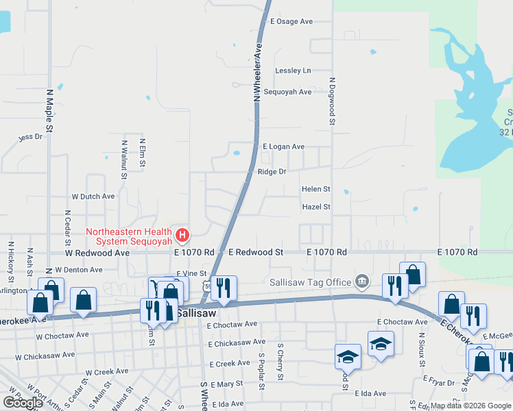 map of restaurants, bars, coffee shops, grocery stores, and more near 103 Zulkey Street in Sallisaw
