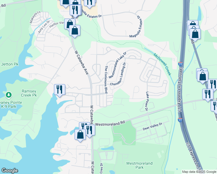 map of restaurants, bars, coffee shops, grocery stores, and more near 18520 Chandlers Landingwindjammer Circle in Cornelius