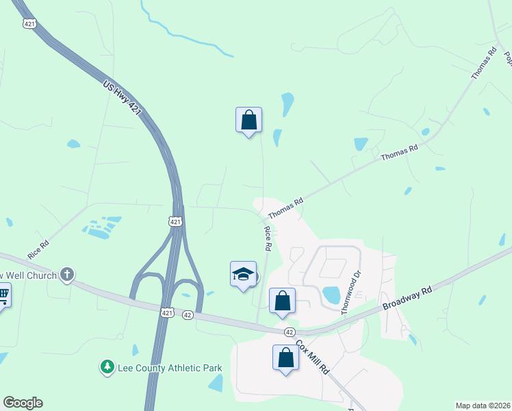 map of restaurants, bars, coffee shops, grocery stores, and more near 2037 Rice Road in Sanford