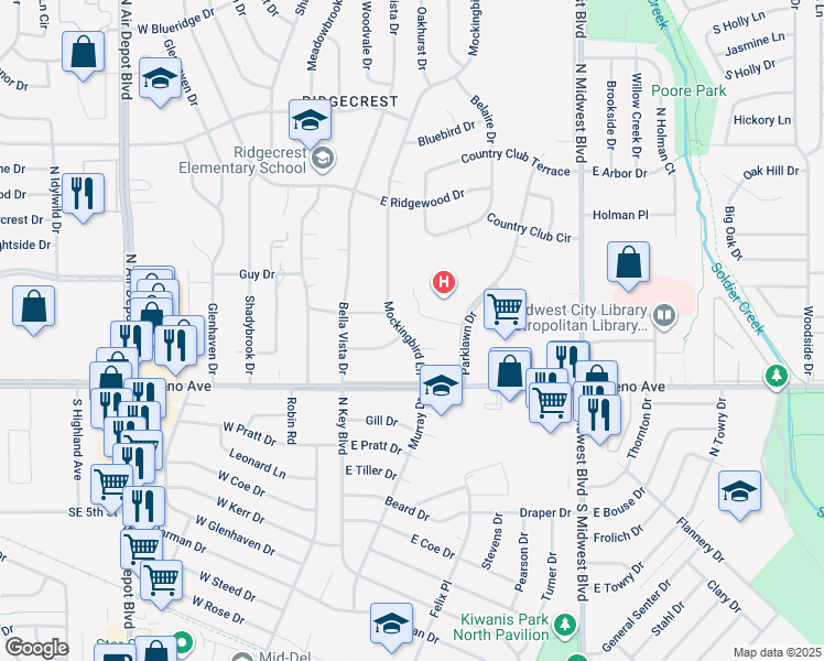 map of restaurants, bars, coffee shops, grocery stores, and more near 2824 Mockingbird Lane in Midwest City