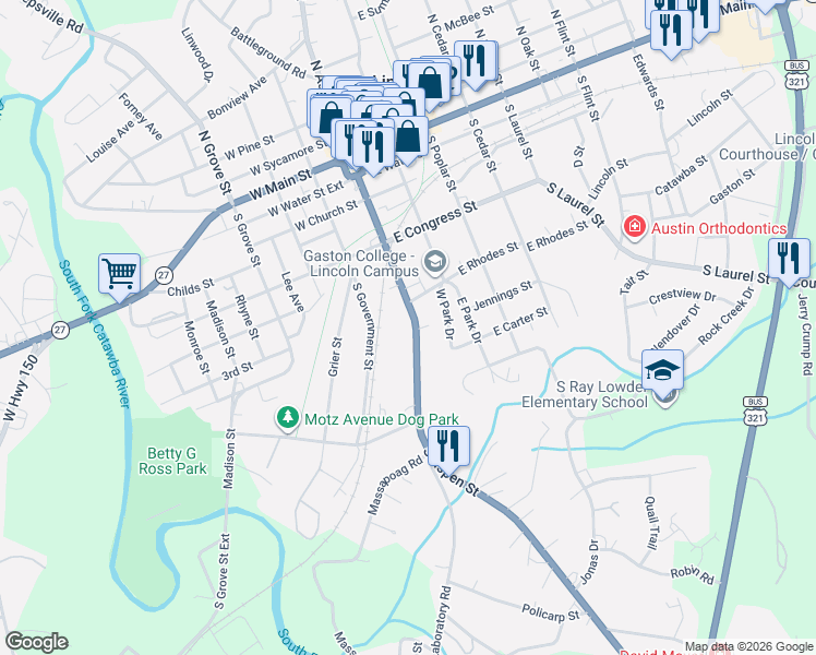 map of restaurants, bars, coffee shops, grocery stores, and more near 618 South Aspen Street in Lincolnton
