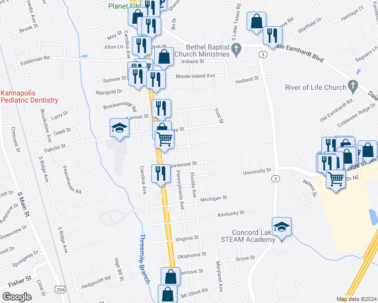 map of restaurants, bars, coffee shops, grocery stores, and more near 2102 Florida Avenue in Kannapolis