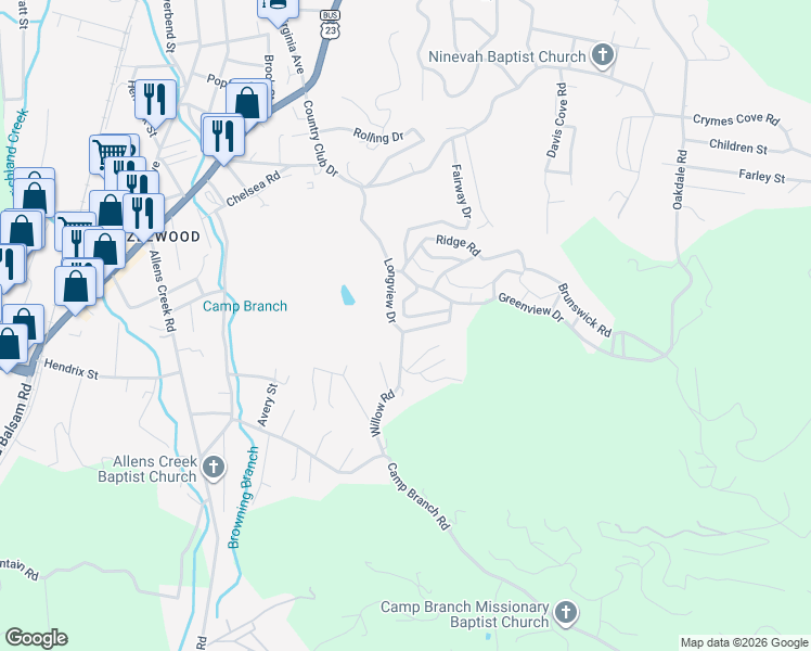 map of restaurants, bars, coffee shops, grocery stores, and more near 371 Longview Drive in Waynesville