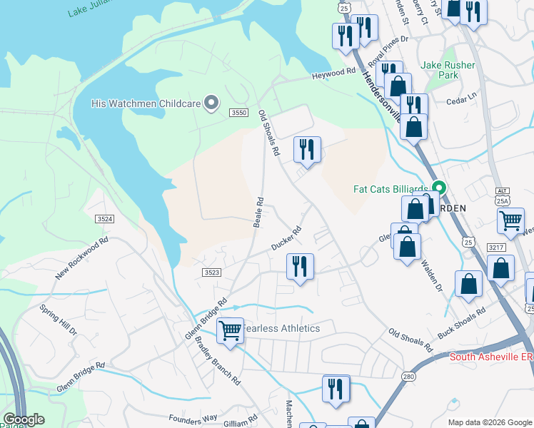 map of restaurants, bars, coffee shops, grocery stores, and more near 6 Copney Lane in Buncombe County