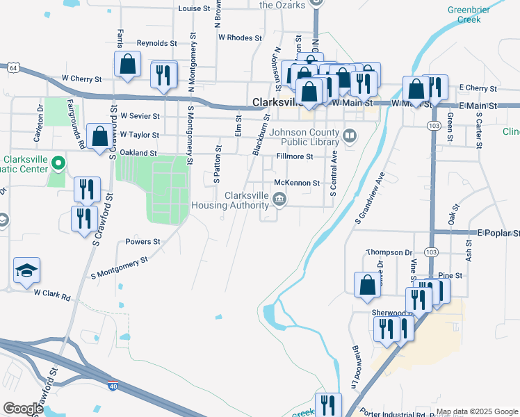 map of restaurants, bars, coffee shops, grocery stores, and more near 1 Lucas Circle in Clarksville