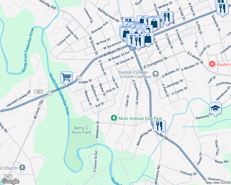 map of restaurants, bars, coffee shops, grocery stores, and more near 501 South Grove Street in Lincolnton