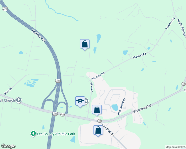 map of restaurants, bars, coffee shops, grocery stores, and more near 75 Thomas Road in Sanford