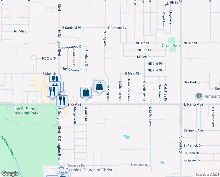 map of restaurants, bars, coffee shops, grocery stores, and more near 136 North King Avenue in Midwest City