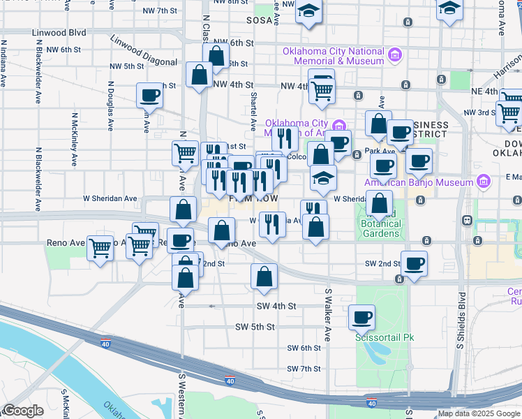 map of restaurants, bars, coffee shops, grocery stores, and more near 720 West Sheridan Avenue in Oklahoma City