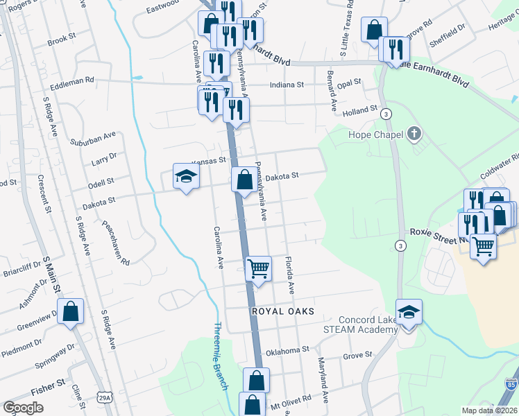 map of restaurants, bars, coffee shops, grocery stores, and more near 2100 Pennsylvania Avenue in Kannapolis