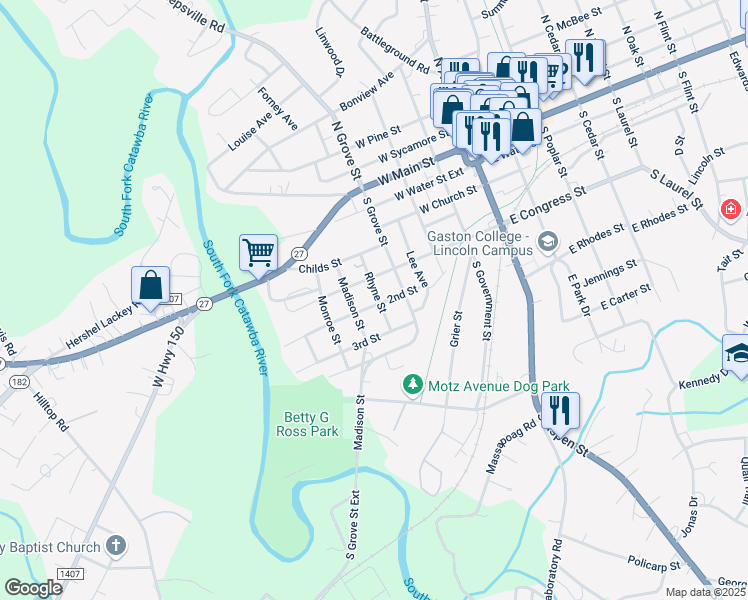 map of restaurants, bars, coffee shops, grocery stores, and more near 416 Rhyne Street in Lincolnton