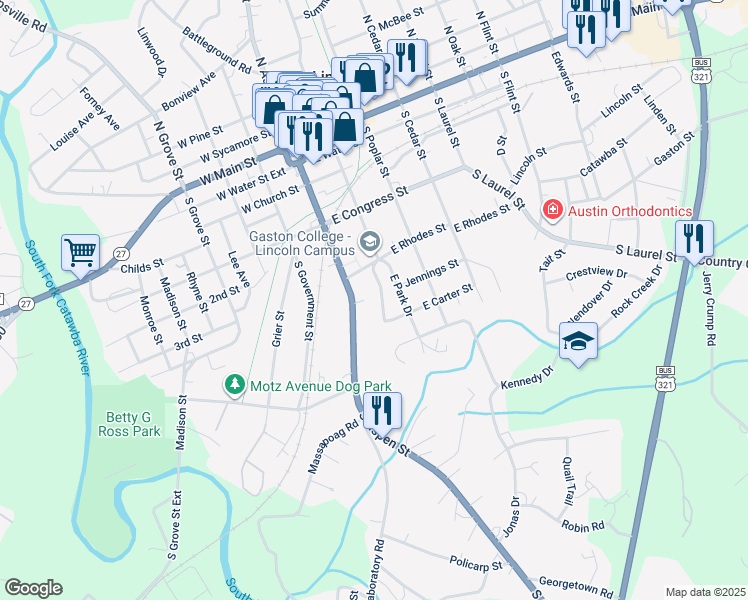 map of restaurants, bars, coffee shops, grocery stores, and more near 636 West Park Drive in Lincolnton