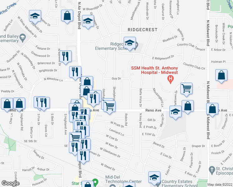 map of restaurants, bars, coffee shops, grocery stores, and more near 2828 Shadybrook Drive in Midwest City