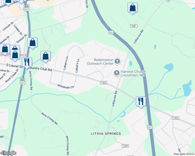 map of restaurants, bars, coffee shops, grocery stores, and more near 1709 Country Club Rd in Lincolnton