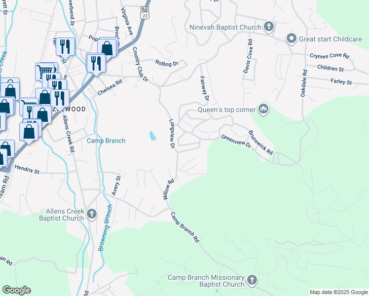 map of restaurants, bars, coffee shops, grocery stores, and more near 393 Longview Drive in Waynesville
