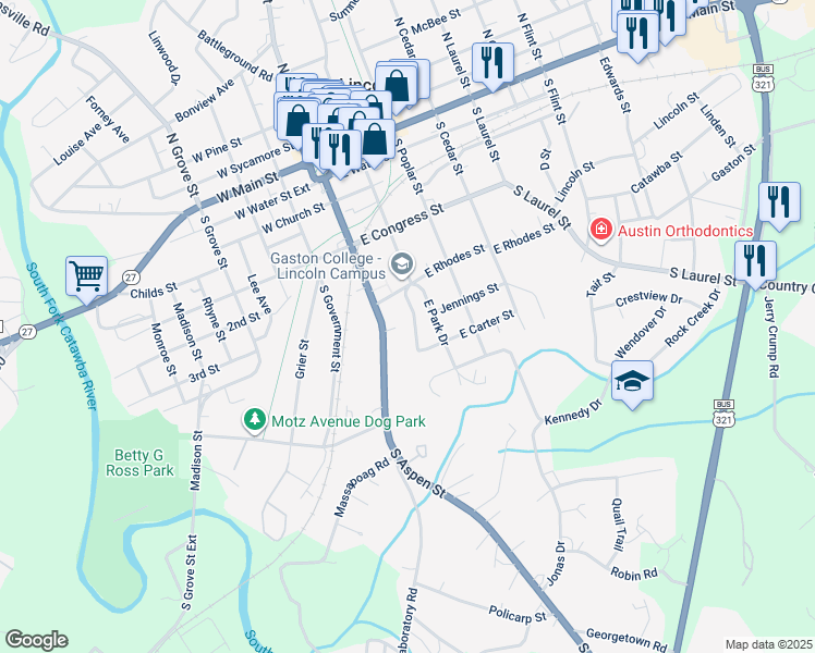 map of restaurants, bars, coffee shops, grocery stores, and more near 636 West Park Drive in Lincolnton