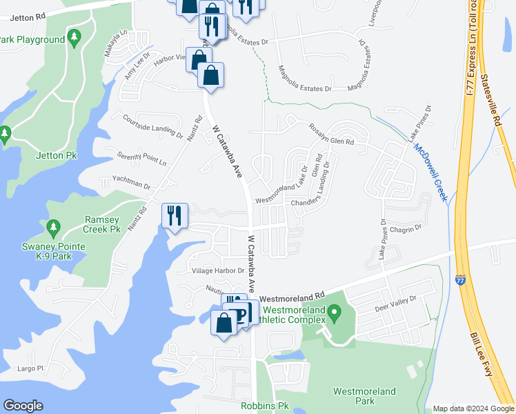 map of restaurants, bars, coffee shops, grocery stores, and more near 18550 West Catawba Avenue in Cornelius