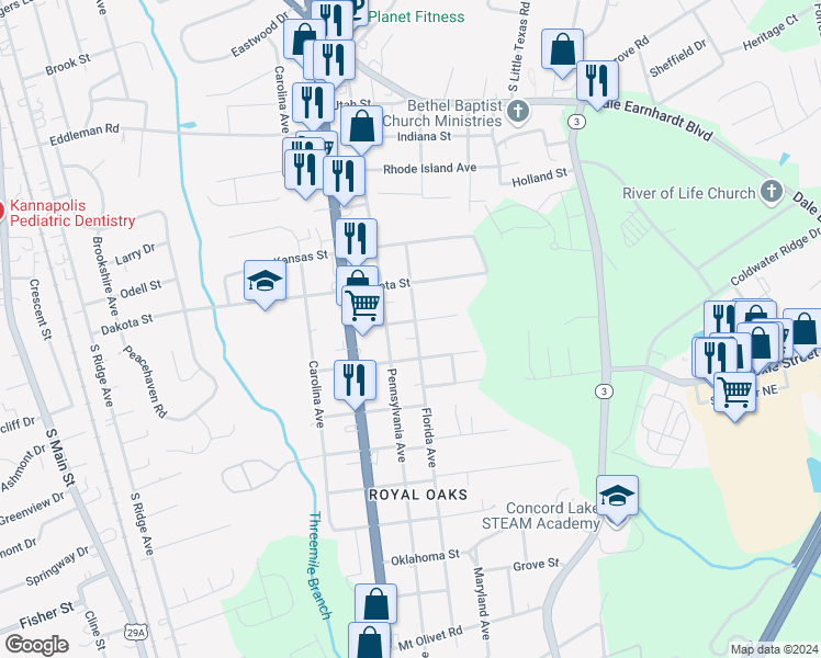 map of restaurants, bars, coffee shops, grocery stores, and more near 2100 Florida Avenue in Kannapolis