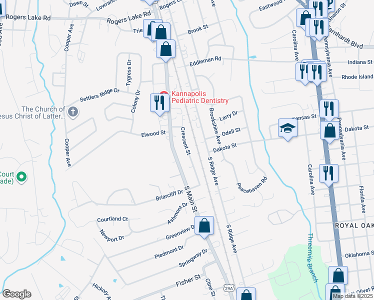 map of restaurants, bars, coffee shops, grocery stores, and more near Crescent Street in Kannapolis