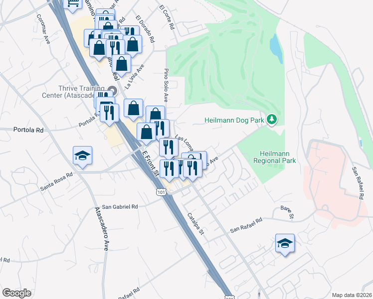map of restaurants, bars, coffee shops, grocery stores, and more near 9780 Las Lomas Avenue in Atascadero