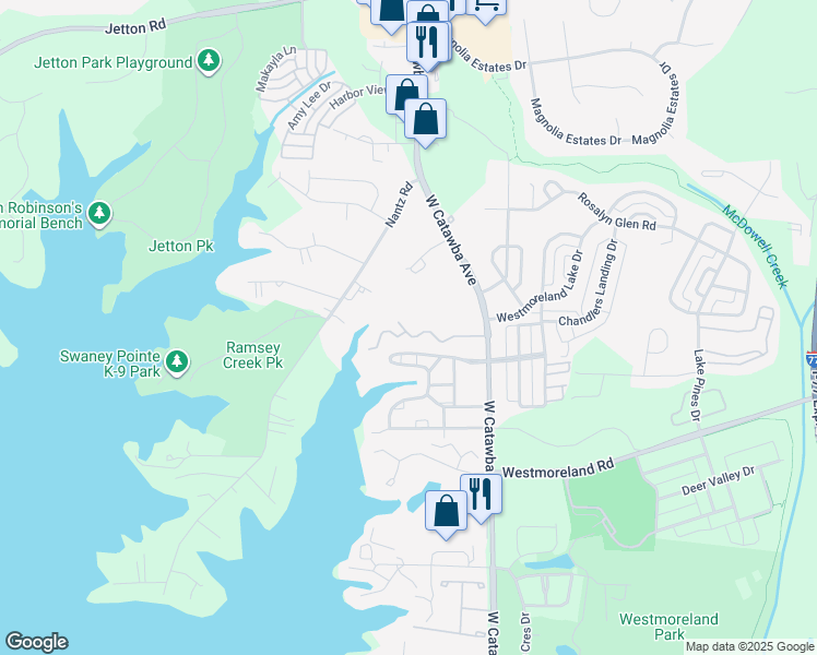 map of restaurants, bars, coffee shops, grocery stores, and more near 18729 Silver Quay Drive in Cornelius