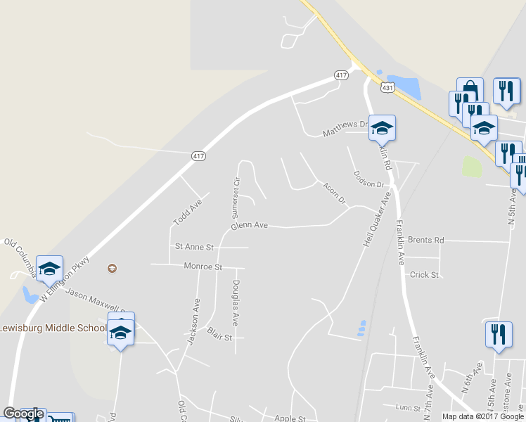 map of restaurants, bars, coffee shops, grocery stores, and more near 1309 Amberwood Court in Lewisburg