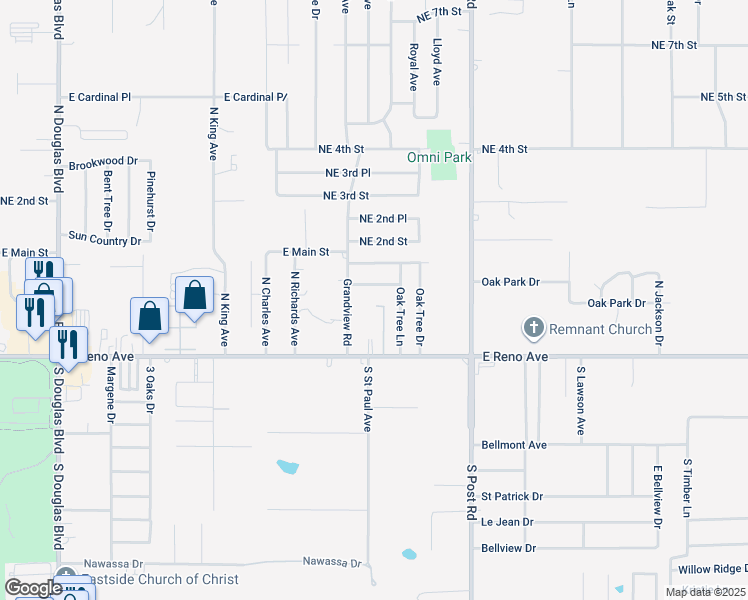 map of restaurants, bars, coffee shops, grocery stores, and more near 9703 Bradford Place in Midwest City