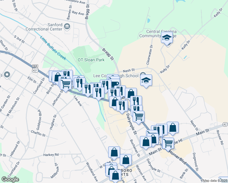 map of restaurants, bars, coffee shops, grocery stores, and more near 1931 South Horner Boulevard in Sanford