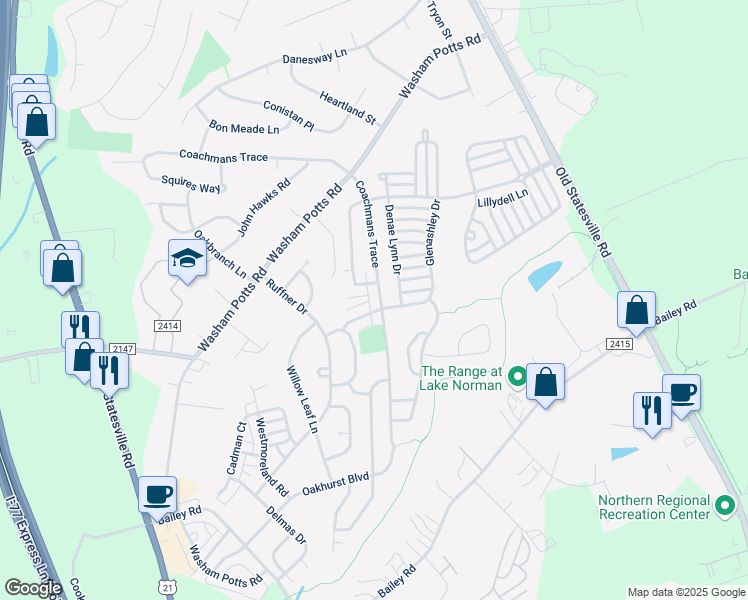 map of restaurants, bars, coffee shops, grocery stores, and more near 19021 Coachmans Trace in Cornelius