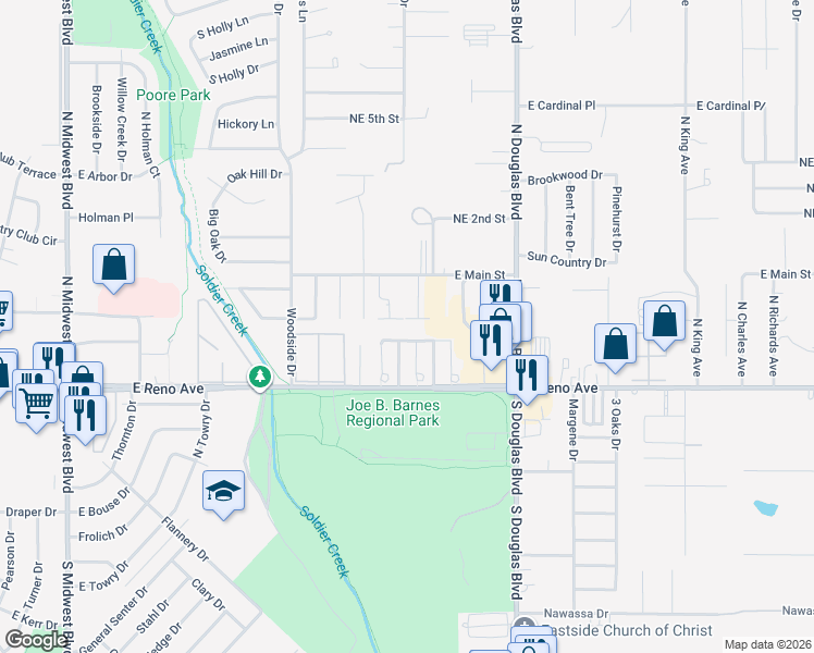 map of restaurants, bars, coffee shops, grocery stores, and more near 8735 Saint George Way in Midwest City