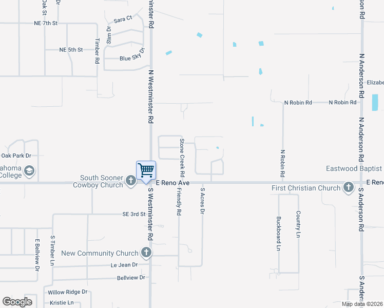 map of restaurants, bars, coffee shops, grocery stores, and more near 209 Stoneridge Lane in Midwest City
