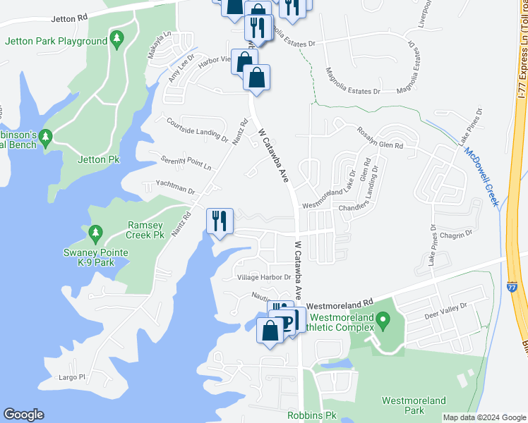map of restaurants, bars, coffee shops, grocery stores, and more near 18821 Silver Quay Drive in Cornelius