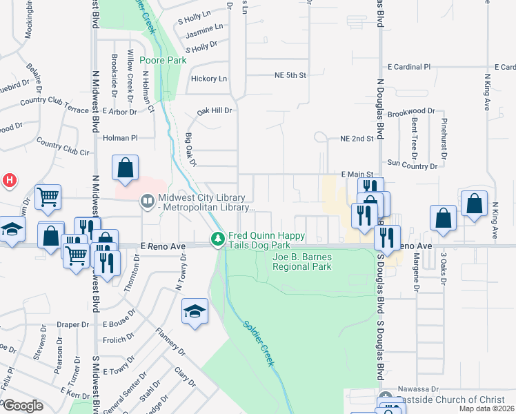 map of restaurants, bars, coffee shops, grocery stores, and more near 8508 Del Arbole Drive in Midwest City