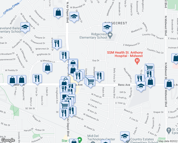 map of restaurants, bars, coffee shops, grocery stores, and more near 2906 Glenhaven Drive in Midwest City