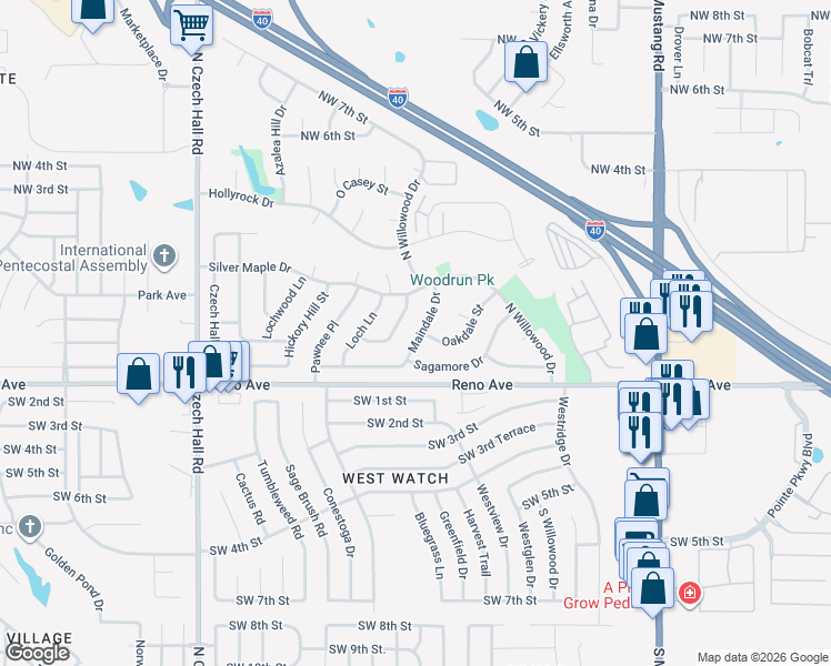 map of restaurants, bars, coffee shops, grocery stores, and more near 117 Maindale Drive in Yukon