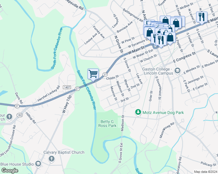 map of restaurants, bars, coffee shops, grocery stores, and more near 167 Hillside Drive in Lincolnton