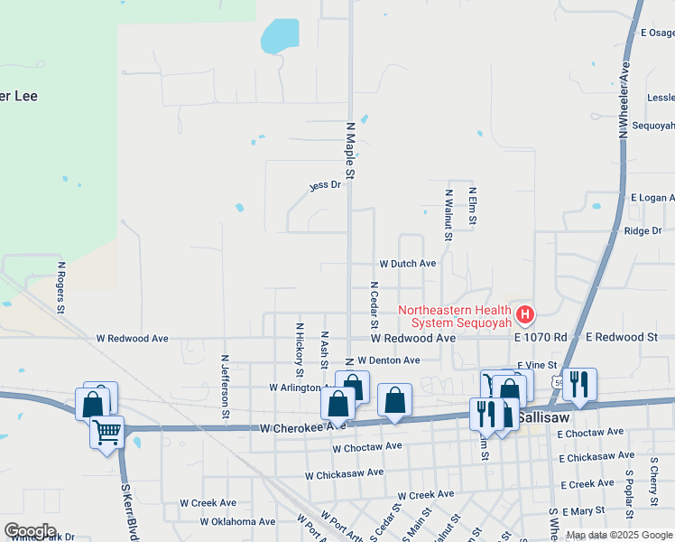 map of restaurants, bars, coffee shops, grocery stores, and more near 602 West Dutch Avenue in Sallisaw